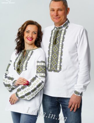А-000098 Вишиванка чоловіча та жіноча "Геометрія" зелена