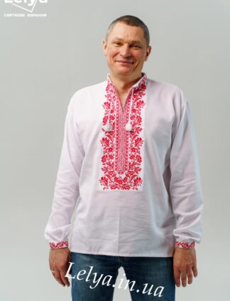 А-000084 Вишиванка "Мавка" чоловіча біла з червоним орнаментом