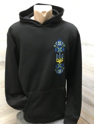 Худі у чорному кольорі з жовто-блакитною вишивкою