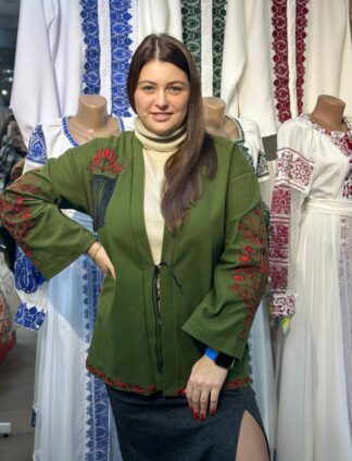 Кардиган"Кімоно"у кольорі хакі з вишивкою