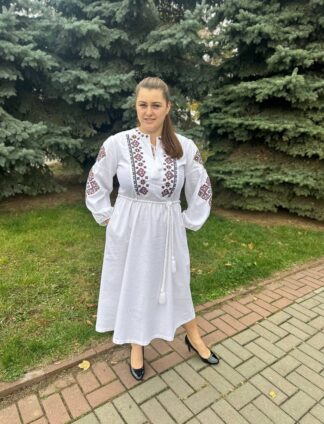 А-000116 Сукня "Дивоцвіт" льон білий орнамент кольоровий рукав 7/8