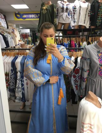 А-000092 Сукня "Єдність" льон у блакитному кольорі з золотавою вишивкою