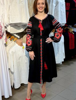 А-000147 Сукня "Захист роду" чорна з червоно-сірим орнаментом