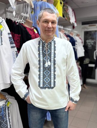Сорочка"Геометрія"у білому кольорі з блакитною вишивкою