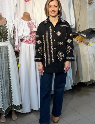 А-000170 Сорочка "Ірен"твіл чорний з молочно-золотим орнаментом