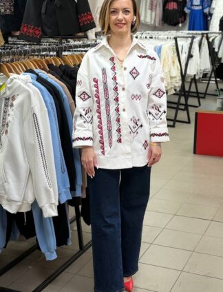 А-000169 Сорочка "Ірен" твіл білий з червоно-чорним орнаментом