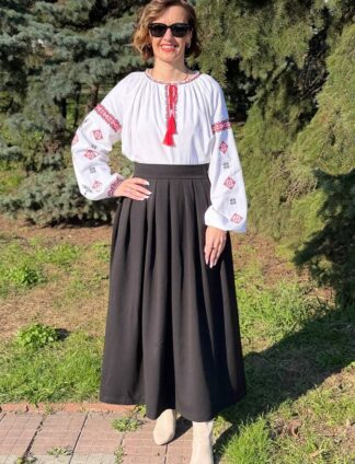 А-000128 Комплект класична сорочка "Рута" на білому льоні з червоно-чорним орнаментом та спідниця у чорному кольорі
