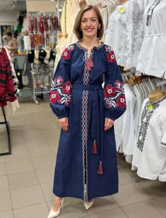 А-000133 Сукня довга "Вікторія" льон синій з бордово-білим орнаментом